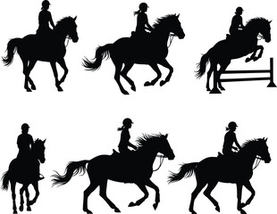 Naklejka premium Horseback Riding Silhouettes — Equestrian Riders and Jumping Horse Vector Illustration