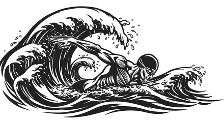 Fototapeta premium Dynamic Illustration of a Swimmer Battling Through a Powerful Ocean Wave