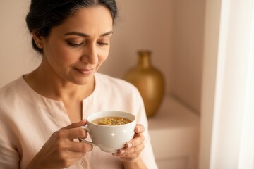 A mature South Asian woman relaxing while holding a cup of herbal chamomile tea. A quiet moment of self-care and wellness at home. Close-up with soft natural light