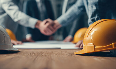 A close-up of construction helmets on a table with professionals shaking hands in the background, symbolizing collaboration and project initiation.