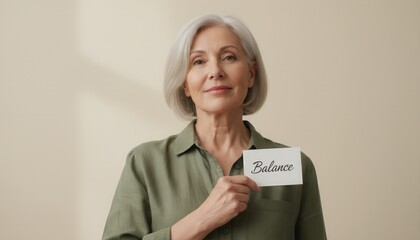 Elegant mature woman holding a card with the word balance. Well-being, menopause,mental health, and graceful aging concept. Portrait of a confident senior on a beige background