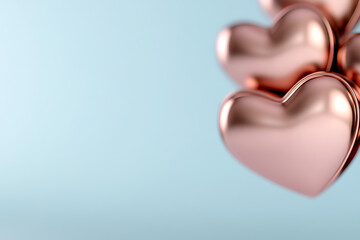 Fototapeta premium Rose gold metallic hearts float against a serene light blue background, embodying love, connection, and tender emotion. Ideal for romantic themes.