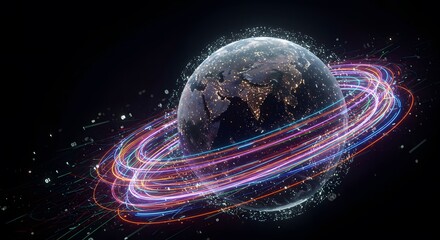 Global network connection with light trails around planet Earth at night