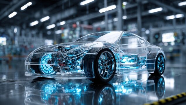 A transparent glass car on a futuristic production line showcases its intricate engine and internal parts, bathed in blue neon light amidst a high-tech industrial setting.