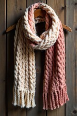 Cozy Beige Knit Scarf Draped Elegantly on Rustic Wood, Autumn Winter Fashion Photography