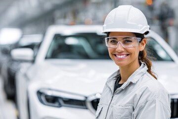 Latina female worker automotive factory industrial woman portrait professional safety equipment