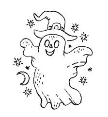 Cute ghost. Halloween vector doodle icon. Cure ghost illustration. Outline scary silhouette in white boo costume. Line spooky background. Funny face character. Happy Halloween trick or treat logo bg