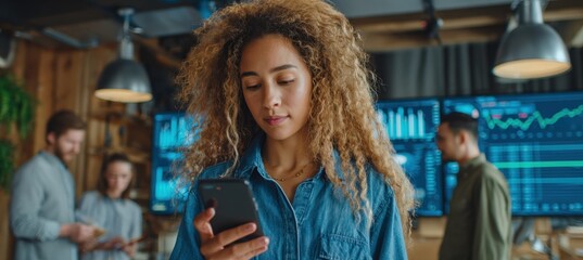 Young Woman Analyzing Price Graphs on Smartphone in Trendy Shared Office