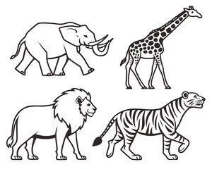 Outlined illustration of an elephant, giraffe, lion, and tiger
