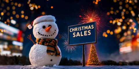 Christmas sales, snowman and advertising poster with night sky and fireworks background, copy space poster for seasonal holiday sales
