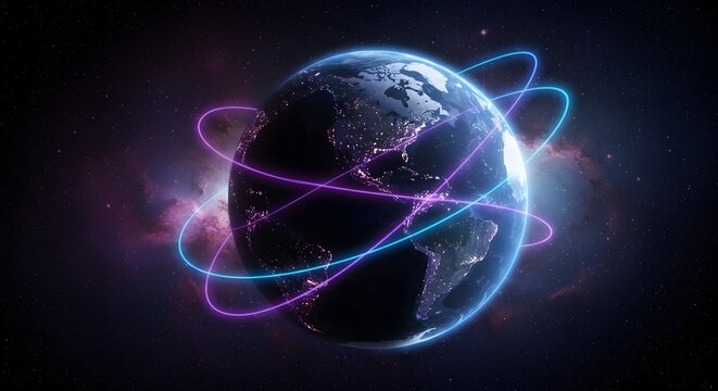 Global Network Connections: Earth Orbiting with Neon Light Trails in Outer Space
