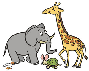 Elephant, giraffe, turtle, duck, and mouse together