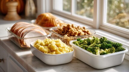 Thanksgiving leftovers food containers meal prep turkey vegetables countertop