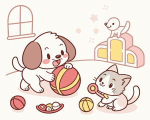 Dog, cat, and seal playing together in a room