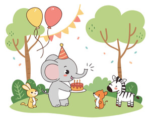 Cute elephant celebrating birthday with friends
