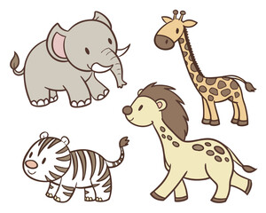 Cute cartoon animals including an elephant, giraffe, tiger, and zebra