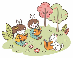 Children and a cat reading books under trees
