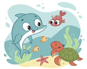 Cartoon sea life featuring dolphin and turtle