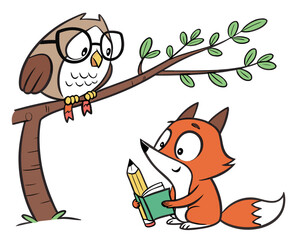 Cartoon owl with glasses reading to a fox