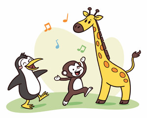 Cartoon penguin, monkey, and giraffe dancing