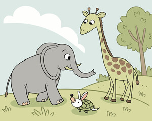 Cartoon elephant, giraffe, and armadillo meet in a whimsical landscape