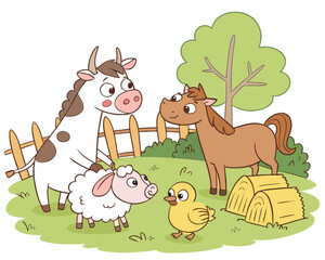 Cartoon farm animals gathered in a field with fence and hay bales