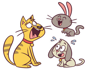 Cartoon cat, dog, and rabbit looking surprised