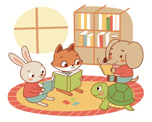 Animals reading books together in a cozy room