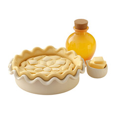 Apple pie ingredients with butter, oil, and baking preparation on black.