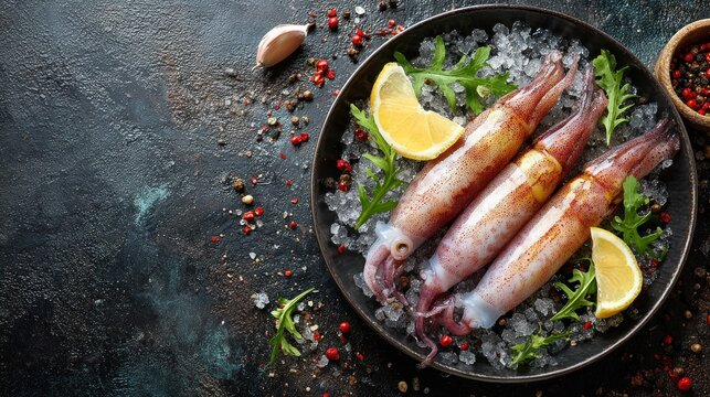 Raw squid calamar seafood fresh preparation vegetables lemon food photography culinary