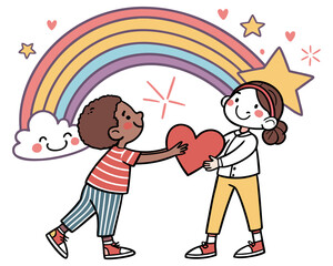 A boy is giving a heart to a girl under a rainbow