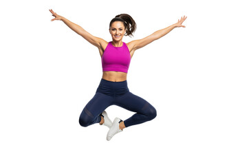 Fitness challenge header for gyms or studio class schedules about membership signups and training programs, energetic female athlete jumping in sportswear for social posts or club newsletter
