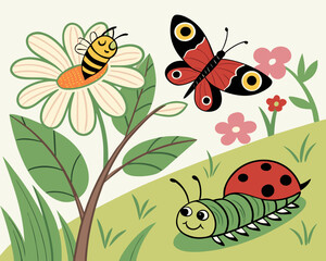 A bee, butterfly, and ladybug are in a field with flowers and a caterpillar