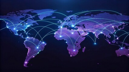 lobal network connection over the world. Internet New Best Concept of global business.World map with glowing lines on dark background. Network and communication show concept. 3D Rendering	