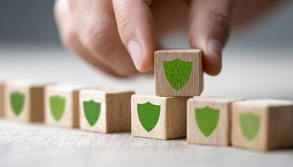 Placing Wooden Cubes With Green Protective Shield Symbol On White Surface For Workplace Safety And Work Safety Measures.