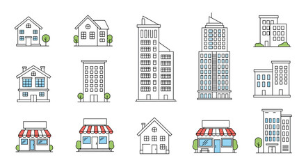 Collection of simplified architectural building icons for urban design.