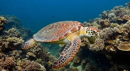 Green Sea Turtle Swimming Gracefully Over Vibrant Coral Reef Ecosystem Underwater