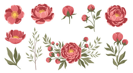 Set of delicate pink peonies and greenery elements.