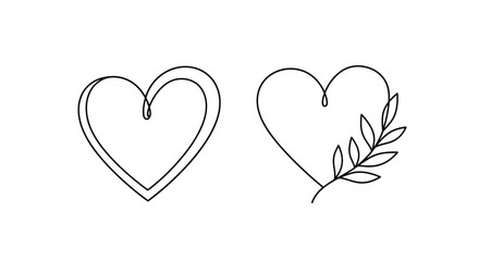 Abstract continuous line art hearts with floral elements.