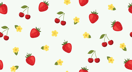 A sweet collection of juicy strawberries and ripe cherries scattered across a pastel background.