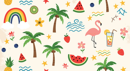 A bright and colorful summer pattern with fruits and tropical elements.