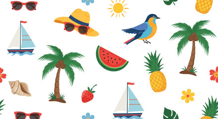 A whimsical summer pattern with tropical fruits and beach elements.