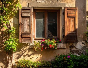 A weathered window with wooden shutters and vibrant floral accents