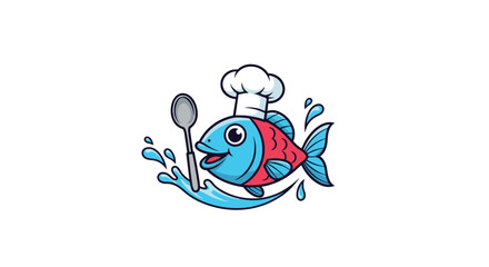 A happy cartoon fish wearing a chef hat and holding a spoon in the water.