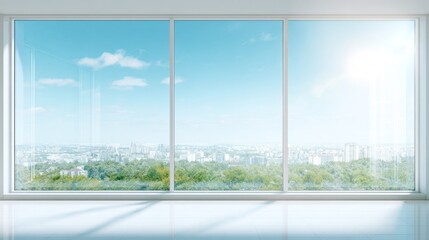 Naklejka premium Modern high-rise window view overlooking cityscape and sky
