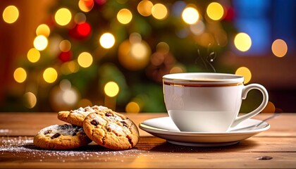 A warm white ceramic teacup and saucer with steam rising from a hot beverage near chocolate chip cookies on a wooden table. Blurry Christmas tree lights