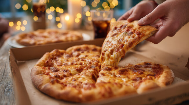 Person hand takes hot cheesy slice of pizza from box during cozy evening dinner party. warm food brings feeling of comfort and sharing with friends or family