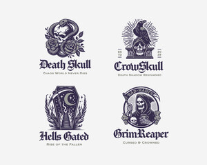 death skull with graveyard, black crows, rose flower logo template