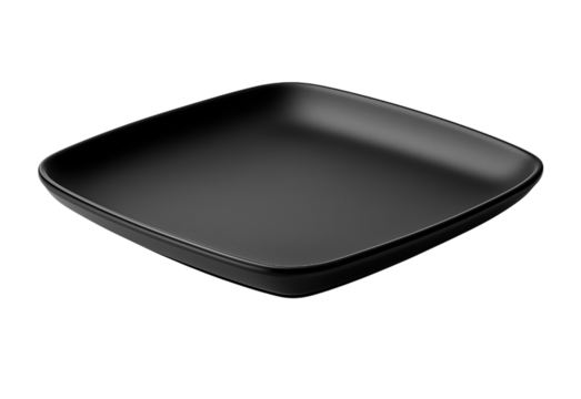 Black square plate with curved edges isolated on a transparent background