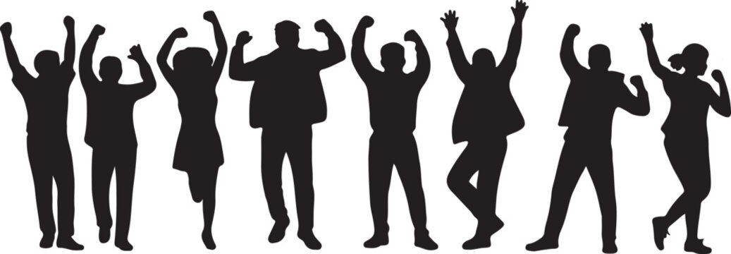 Silhouette crowd celebrating success reaching goals